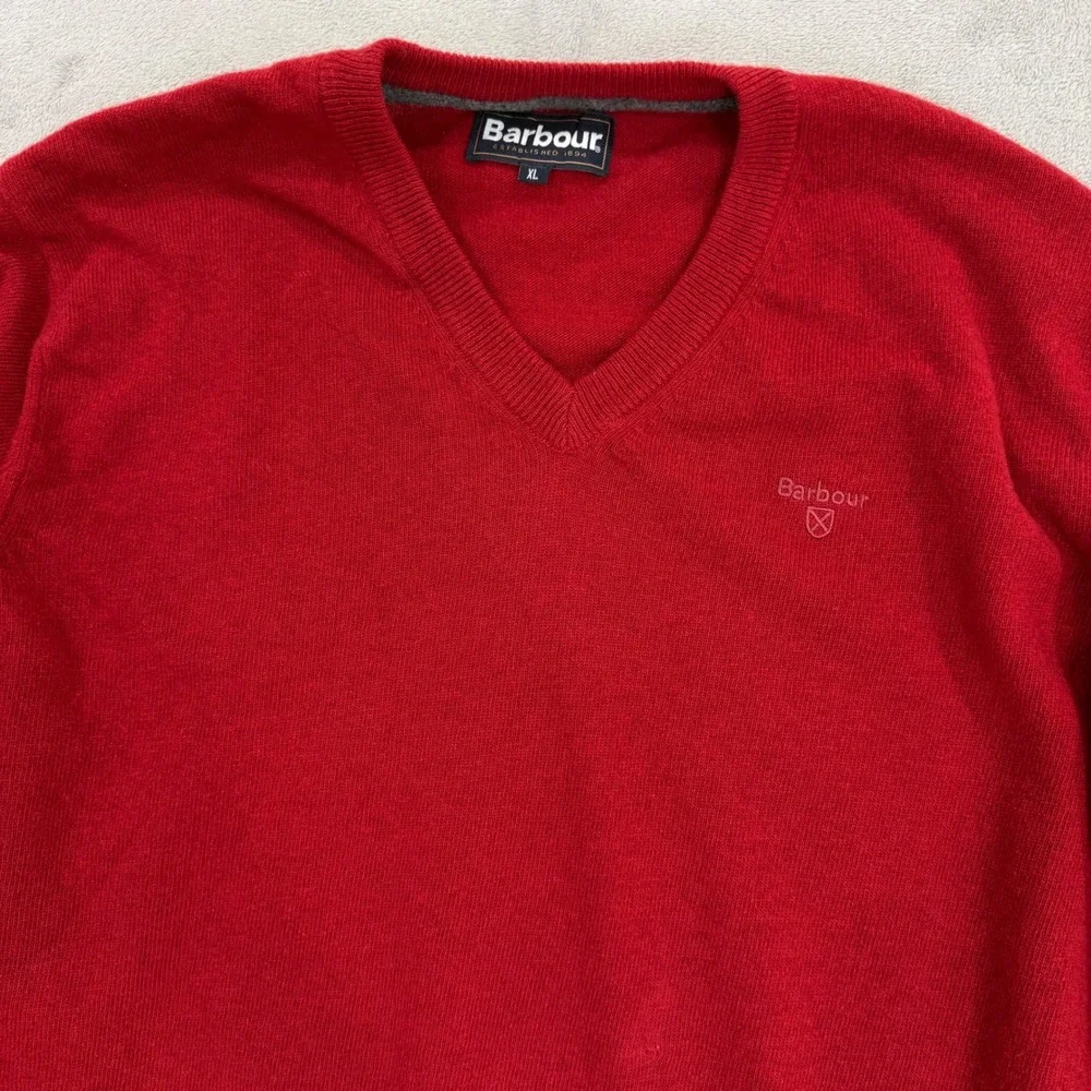 Barbour V-Neck Sweater Wool Mens Size XL Red Long Sleeve Embroidered Logo